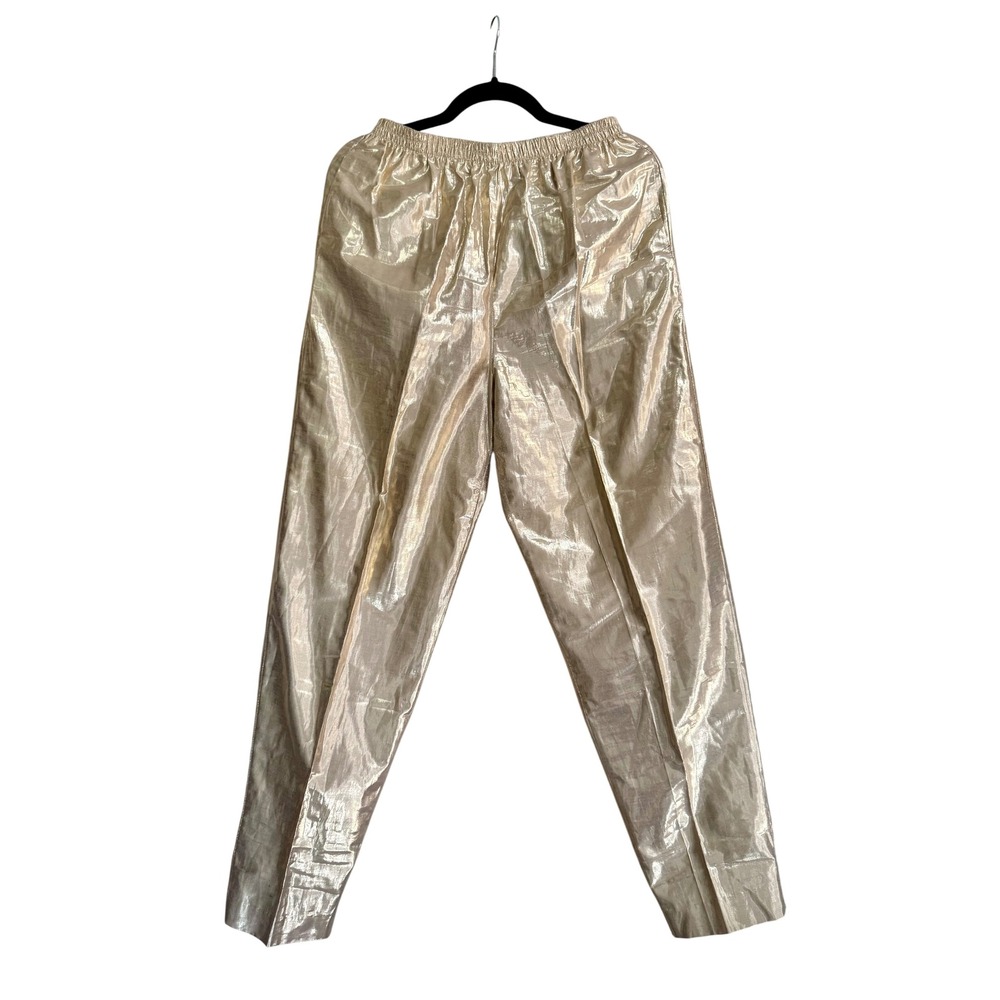 Vintage Stuart Lang Metallic Gold Pants Elastic Waist Straight Leg USA SZ 10 M